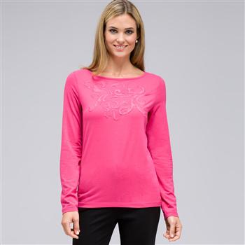 Long Sleeve Embellished Boat Neck Top, Begonia Pink, large