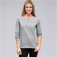 Long Sleeve Embellished Boat Neck Top, Grey Heather, medium