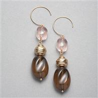 Brown and Pink Drop Earrings, Gold, medium