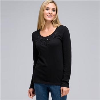 Long Sleeve Appliqued Crew Neck, Black, large
