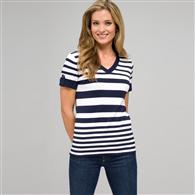 Striped Sleeve V-Neck Roll Cuff Tee, swiss navy & white, medium