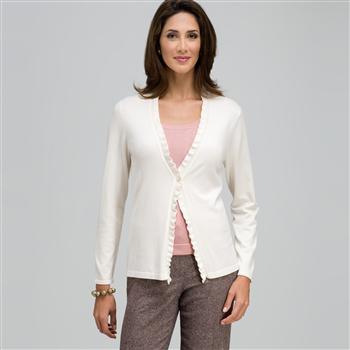 Long Sleeve Ruffle Front Trim Cardigan, Winter White, large