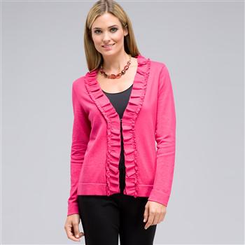 Long Sleeve Ruffle Front Cardigan, Begonia Pink, large