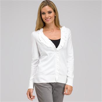 Ruffle Front V-Neck Cardigan, White, large